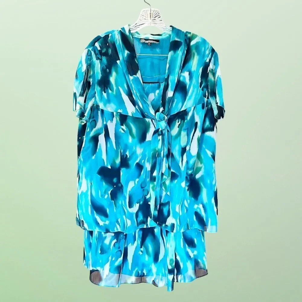 Jones New York Woman's Chiffon Blouse Lined Watercolors Blue/Green 16W